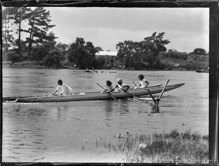 Waka (canoe) hurdle races on the Waikato River