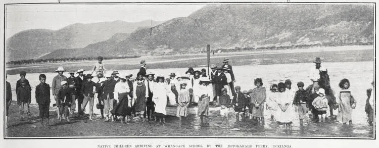 NATIVE CHILDREN ARRIVING AT WHANGAPE SCHOOL BY THE ROTOKAKAHO FERRY, HOKIANGA