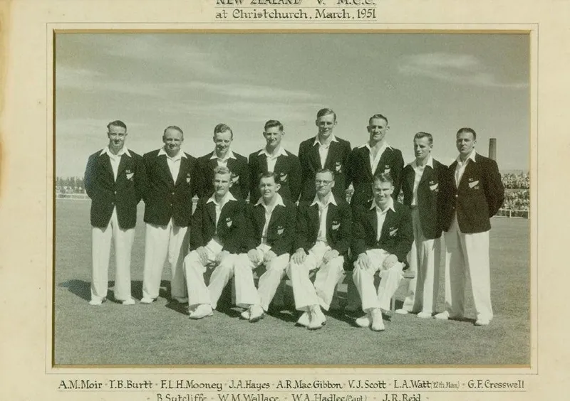 Photo: New Zealand Cricket Team v England (First Test), at Lancaster Park, Christchurch, 17, 19, 20, 21 March 1951