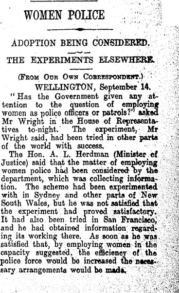 Image: WOMEN POLICE (Otago Daily Times 15-9-1915)