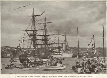 Image: The replica of Governor Arthur Phillip's brig, H.M.S. Supply, off Farm Cove, Sydney Harbour
