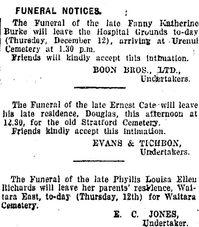FUNERAL NOTICES. (Taranaki Daily News 12-12-1918)