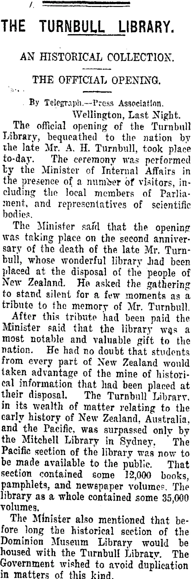 THE TURNBULL LIBRARY. (Taranaki Daily News 29-6-1920)