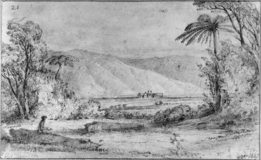 Image: Swainson, William, 1789-1855 :[Large homestead on plain seen through bush, hills behind. Probably at Lower Hutt] 1847