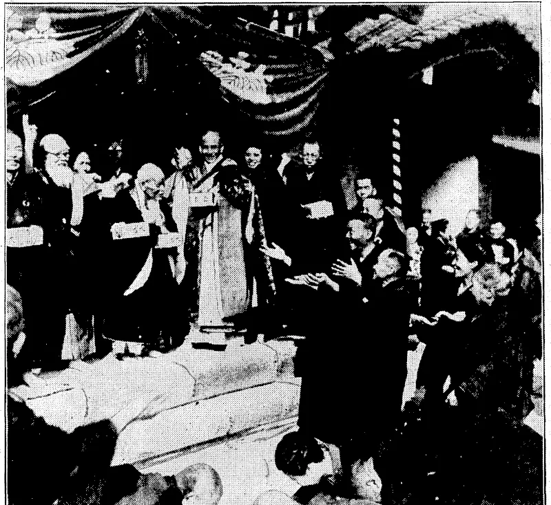Sport'and General" rhoto. A UNIQUE. TEMPLE CEREMONY IN JAPAN.—The annual bean-throwing ceremony which was held throughout Japan on February 24. The photograph shows Etauzan Tosu, who is said to be 108 years old, standing in the centre of the platform at, the DaienjiTemple, Hongo, Tohio, where he is leading the ceremony. 1 ■ Crown Studios Photo. WINNERS OF THE VETERANS' RINKS COMPETITION.—Four well-known bowlers who ivon the veterans' rinks competition, organised by the Wellington Bowling Centre. They are to receive their I trophies this afternoon on the Karori green. From left, J. Gallic (skip), J. H. Mentiplhy, J. J. JFebb, and H. C. Brice. This is the third time Messrs. Gallic and Brice have won the veterans' medals. ■ .. , S. V: Andrew Photo. SIR ,R. HEATON RHODES, appointed Knight. Commander of the' Order of St.1 John. The announcement of this and other appointments ivas made by the Governor-General last night. (Evening Post, 08 April 1933)
