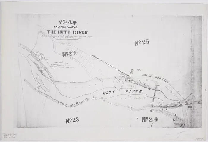 Briscoe, Edward Villiers, 1824?-1899 :Plan of a portion of the Hutt River [copy of ms map]. Shewing the position of the river banks, and protection groins on Thursday the 10th of February 1876. [Signed] Edward V Briscoe, Govt surveyor.