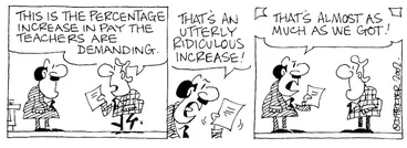 Image: Fletcher, David 1952- :'This is the percentage increase in pay the teachers are demanding.' 'That's an utterly ridiculous increase!...That's almost as much as we got!' The Dominion, 30 March 2002.