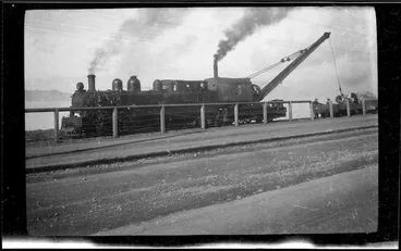 Image: Crane towed by locomotive, Wellington Harbour, New Zealand