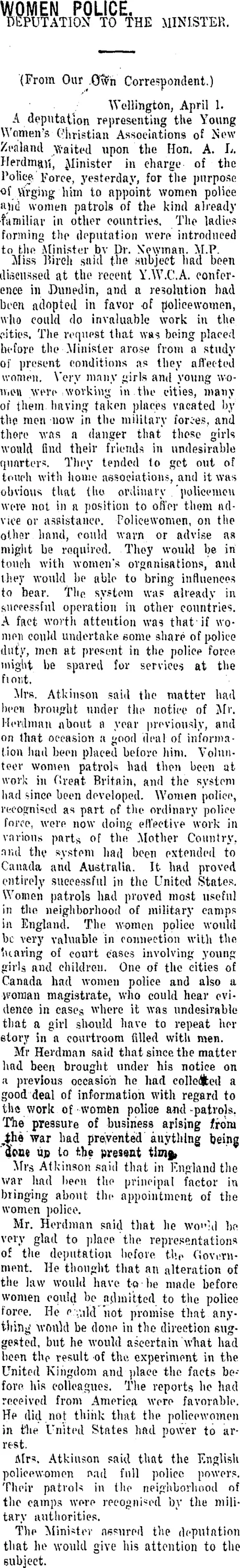 WOMEN POLICE. (Taranaki Daily News 3-4-1916)