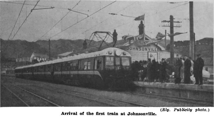 (Rly. Publicity photo.) — Arrival of the first train at Johnsonville