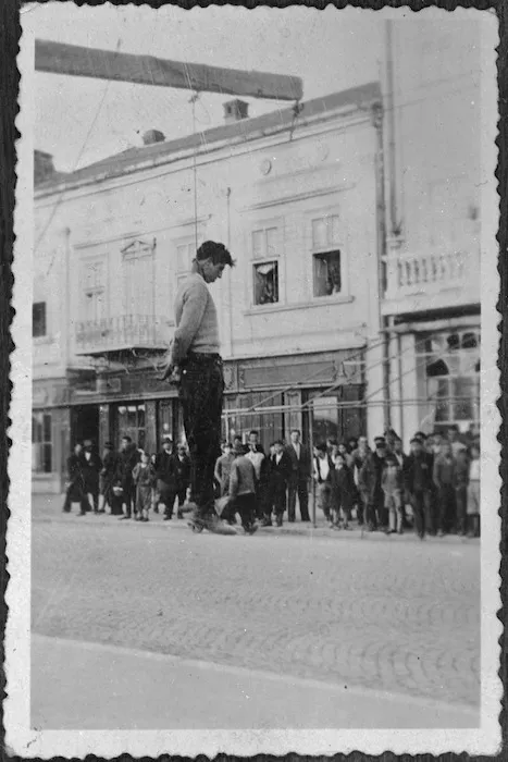 Captured German film showing hanged man in a street, possibly in Belgrade, World War II