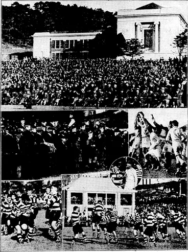 Image: Evening Post" Photo. SCENES AND INCIDENTS DURING THE INTER-COLLEGIATE TOURNAMENT;—At top,: a view of a portion of the bank at Wellington College on Saturday afternoon during the inter-collegiate Rugby tournament. Middle row—Nelson College supporters, left, and a scramble for the ball in the Wellington College-Wanganui Collegiate School match. Below, incidents during the match, between Nelson and Christ's Colleges. Inset in circle, the referee in the Nelson-Christ's match, Mr. A. R. .'■■■ . Morris, looks on at play. (Evening Post, 21 August 1933)