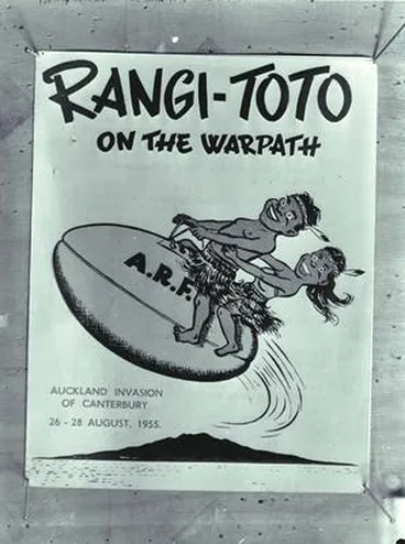Ranfurly Shield Mascot: `Rangi-toto on the warpath Auckland invasion of Canterbury 26-28 August 1955' Image: Ranfurly Shield Mascot: `Rangi-toto on the warpath Auckland invasion of Canterbury 26-28 August 1955'