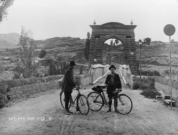 Image: Cyclists near the road bridge in Alexandra - Photograph taken by J H Ingley