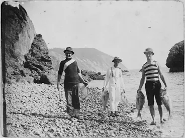 Image: Photograph of three men holding fish caught at Cable Bay, Nelson, [ca 1900s]