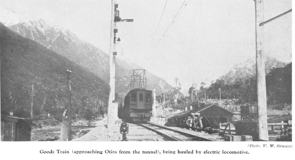 Goods Train (approaching Otira from the tunnel), being hauled by electric locomotive