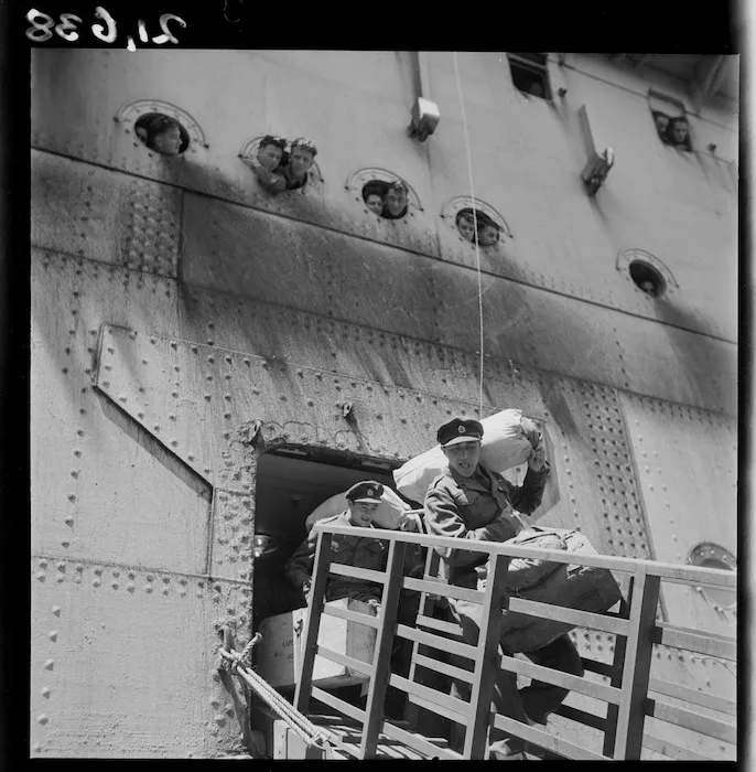 Officer from Maori Battalion returning from World War II; shows him leaving the ship Dominion Monarch, in Wellington