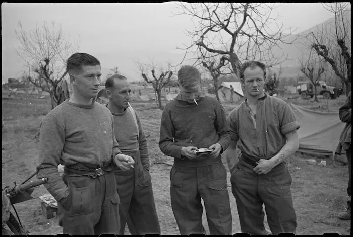 NZ frontline infantrymen rest behind the line on the Cassino Front, Italy, World War II - Photograph taken by George Kaye