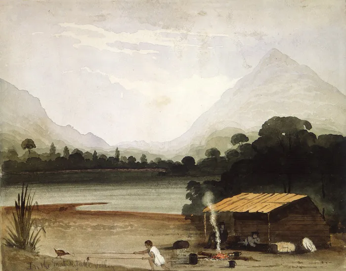 [Fox, William] 1812-1893: Watercolour captioned "In the Matukituki Valley"