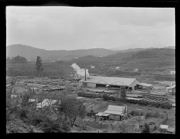 Image: The Kakahi Sawmill with railway carriages and logs ready for processing in front with cut timber stacked behind, Kakahi Settlement, Manawatu-Whanganui Region