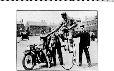 Image: T.T, WINNER ON "PENNY FARTHING." Graham Walker, who won the Tourist Trophy race for lightweight motor cycles, held at thte Isle of Man, tries his luck on a "penny farthing" machine, while Miss Newton, one of England's youngest competitive riders, tries her hand on a 1931 product. (Ellesmere Guardian, 30 June 1931)