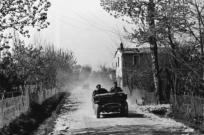Kaye, George, 1914- : NZ jeeps on a road near the Senio River, Italy