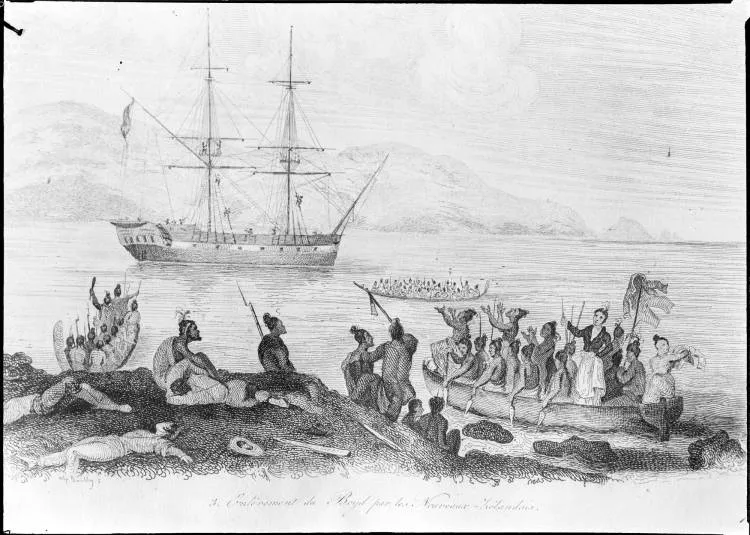 Engraving of the Boyd in the Whangaroa Harbour, 1809