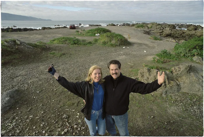 Judy Hutt and Victor Anderlini at site of proposed marine conservation centre, Te Raekaihou Point, Lyell Bay, Wellington - Photograph taken by Phil Reid