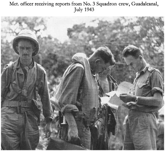 Met. officer receiving reports from No. 3 Squadron crew, Guadalcanal, July 1943
