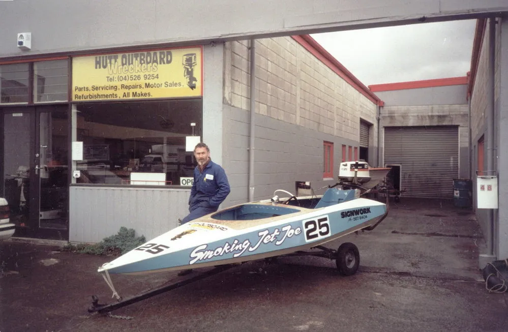 Hutt Outboard Wreckers, Montgomery Crescent; Ed Lee and 'Smoking Jet Joe'.
