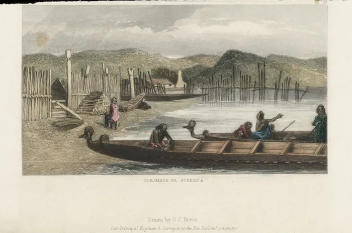 Brees, Samuel Charles, 1810-1865 :Paramata Pa, Porerua. [Between 1843 and 1845] / Drawn by S C Brees. [Engraved by Henry Melville. London, 1847]. [No] 52, [Plate 17].