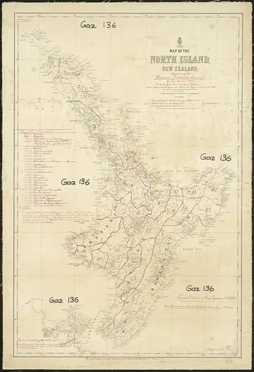 Image: Map of the North Island, with iwi boundaries and Māori population, 1881