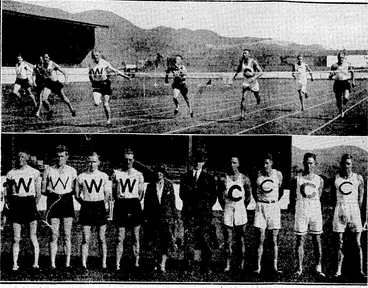 Image: Eveulnß. Post". Photo. INTERPROVINCIAL RUNNERS AT ATHLETIC.PARK.-^* top, J. Hamilton (Petone), third'from left, winning the 100 Yards Invitatwn Scratch Race on Saturday afternoon.' Next him is C. Jenkins (Wellington), who was,second, the Canterbury runner, G F Hart tnird from right, finishing in third place. Below, the teams-which competed in the Eteveneaux, Cuprelay race. From left, A. F. Hardins ' J.Fleming, A. Welply, C. H. Jenkins, the Wellington team, Miss Eteveneaux, donor of the trophy, Mr. A. Kitto, president of the'W'eV' < hngton Centre, G. F. Hart, G. Broadway, W. Blackmore, A. Bullivant, the Canterbury team, winners of the trophy (Evening Post, 15 February 1932)
