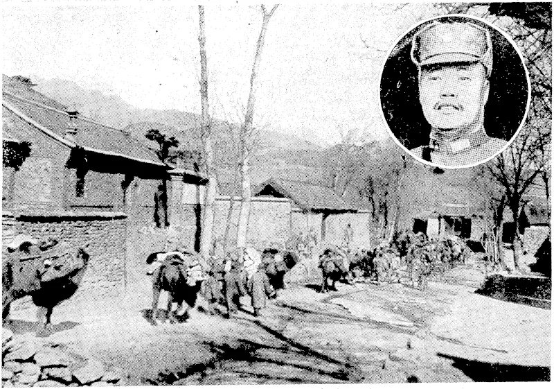 Serious affrays have been occurring-in . Northern China, -where the advance of Japanese troops has been opposed by Chinese. The picture shows Chinese troops on the march north of Peking. Inset, General Sung Cheh-yuan, Chinese Commander-in-Chief in Northern China. (Evening Post, 28 July 1937)