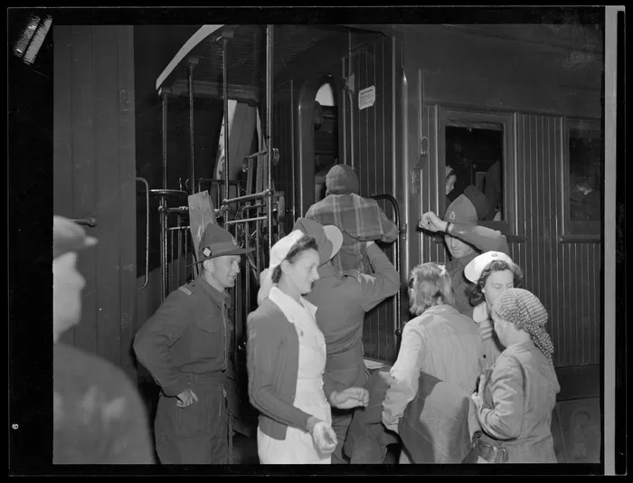 Polish refugees departing Wellington on a train bound for Pahiatua