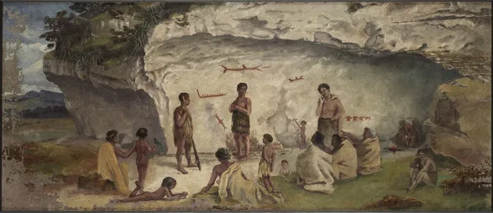 Cousins, Thomas Selby, 1840-1897 :Maori rock drawings in Weka Pass, North Canterbury 1876