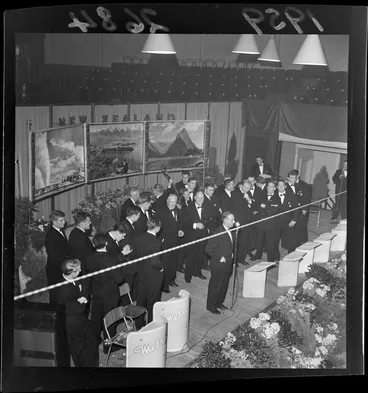 Image: British and Irish Lions rugby team, on stage [at Wellington Town Hall?], at a [Wellington Rugby Football Union?] ball