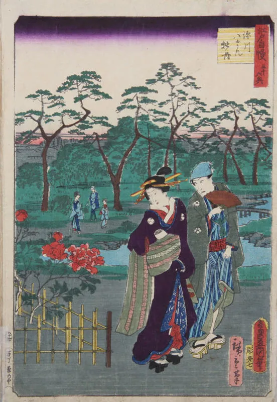 A man and a woman admire flowering shrubs in a plot