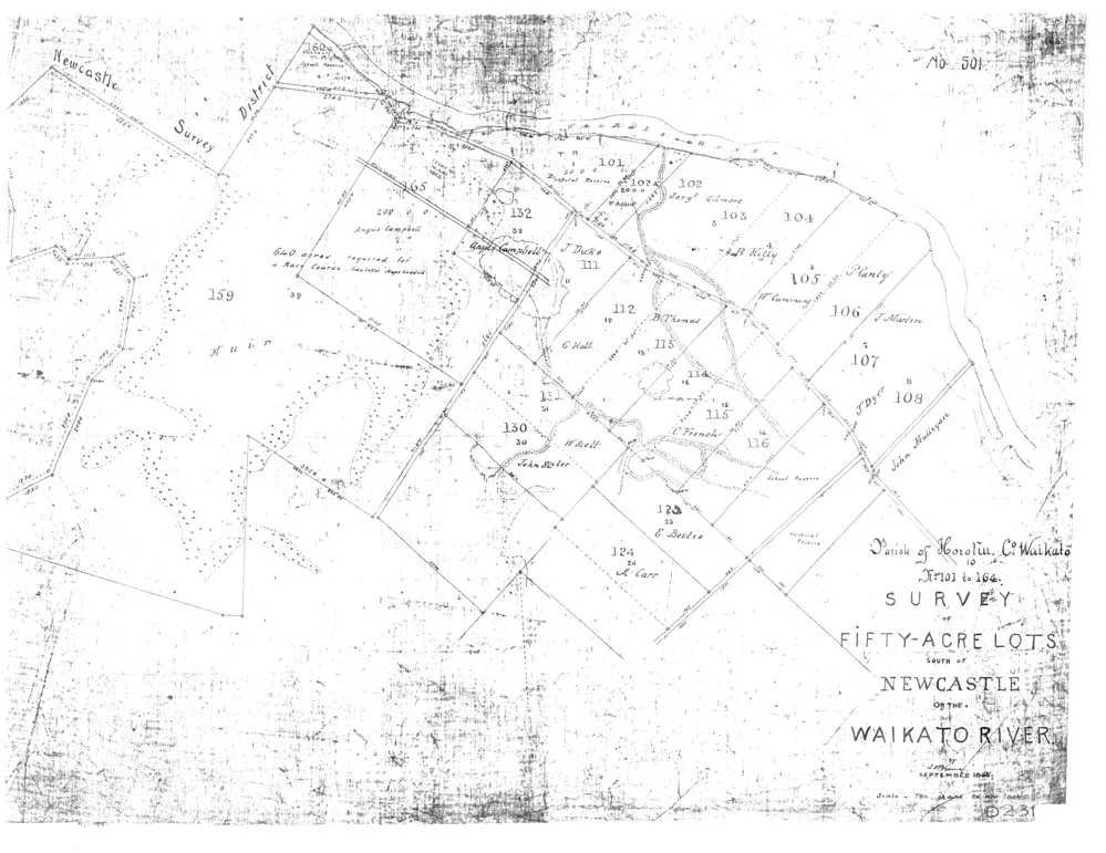 Parish of Horotiu, Co. Waikato: survey of fifty-acre lots south of Newcastle on the Waikato River