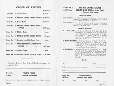 Image: British Empire Games, Auckland, New Zealand, 1950 :Order of events ... [Official programme for Rowing. Monday, 6th February at Karapiro Lake, Cambridge. 1950. Pages 6 and 7].