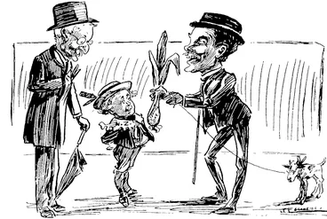 Image: ST. DAVID'S DAY.—SHALL NEW ZEALANDERS WEAR THE  LEEK?  At the Wellington celebration of St. David's day Dr. Tudor Jones said they should see to it that their patron saint was honoured in New Zealand just like St. Patrick, St. George, and St. Andiew.—News item.  Dr. Tudo) Jones: Now, I'm sure Mr. Hall-Jones, who must be a Welshman too, won't mind you wearing this nice fragrant leek in your button-hole. Just see huw much finer it is than the thistle and the rose and the shamrock you have got already.  Daddy Hall-Jones: Well, I don't mind him wearing it, but he must take  care he doesn't swallow it. (New Zealand Free Lance, 09 March 1907)