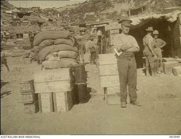 Image: Anzac Beaches Area, Gallipoli. 1915. An Anzac Army Corps supply dump high on a beach at the base of the hills behind the area