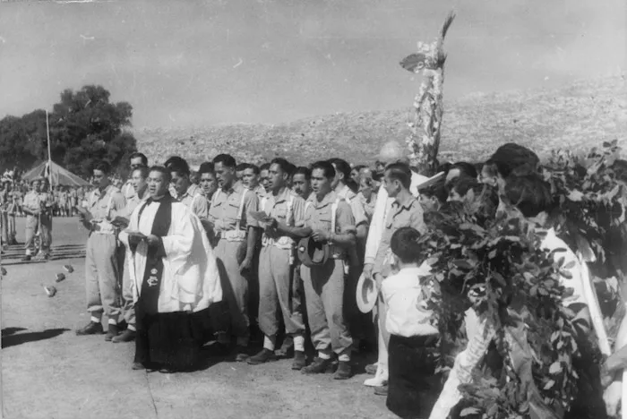 Maori choir led by Padre Captain W T Huata, sing a hymn at a memorial service in Crete