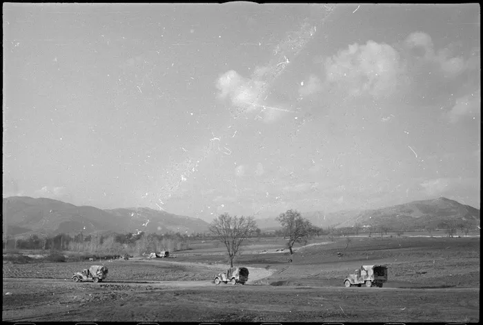 Type of country in the Volturno Valley where NZ Division units are camped, Italy, World War II - Photograph taken by George Kaye
