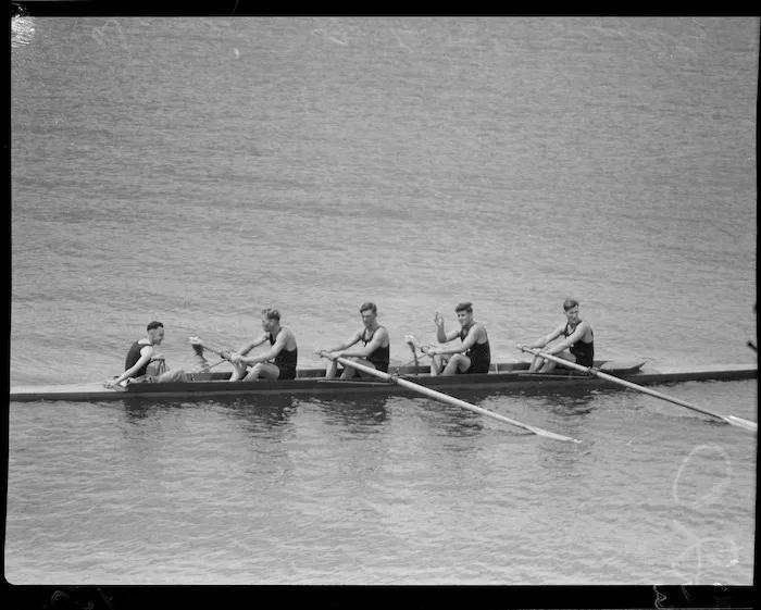 Winner of four-oar sculls, 1950 British Empire Games, Lake Karapiro