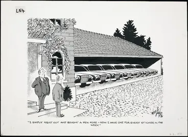 Image: Lodge, Nevile Sidney, 1918-1989 :"I simply went out and bought a few more - Now I have one for every sticker in the week". Evening Post. 8 March 1979.