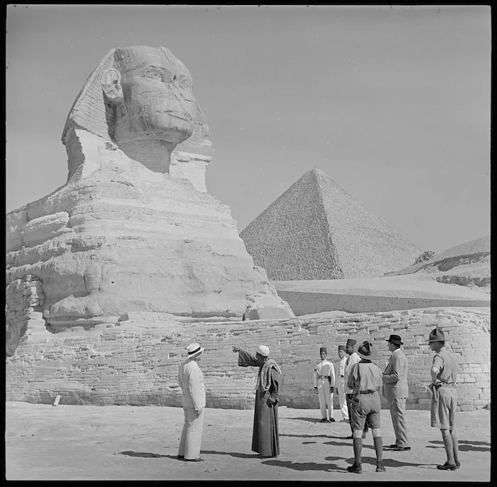 Prime Minister Peter Fraser sightseeing at the Sphinx, Egypt