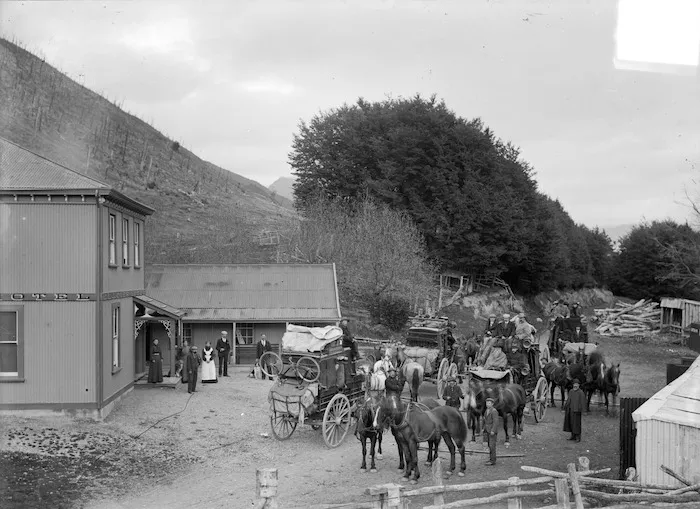 Coaches alongside the Glacier Hotel at Bealey