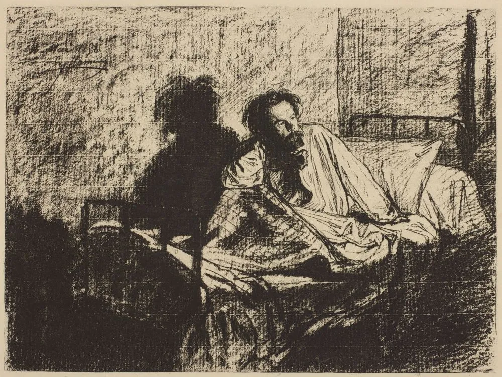 Portrait of Charles Meryon on his sick bed.