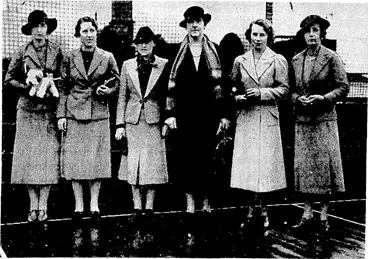 Image: Members of the Australian women s golf team who arrived in Auckland yesterday to take part in the championship tournament, which opens at Napier on September 30. They are also to meet a New Zealand women's team for the Tasman Cup. From left, Miss B. Cheyney, Miss E. M. Button, Miss B. Kernot, Miss L.Wray, manager and captain, Mm St Tolhursi* and Mrs. S. Morpeth, "Sport and General"* Photo. A King and his wheelbarrow. . King Peter of Yugoslavia on holiday with the Boy Scouts on the banks oftheSavutza,near:th«rap<d *wnm«r residerm, ©» th* thorf^of X«A» 8U4% (Evening Post, 21 September 1937)